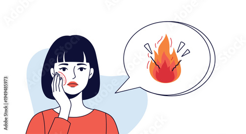 Woman feels a burning sensation on her red cheek while a speech bubble shows a fire icon representing skin irritation or allergy.