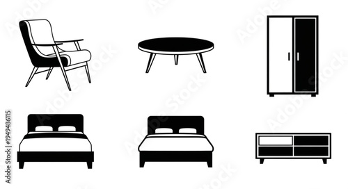 Collection of Furniture Icons in Black and White Style.
