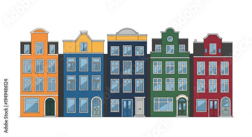 Row of colorful Dutch canal houses with unique architecture.