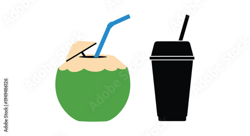 A vibrant green coconut drink and a black plastic cup with straws