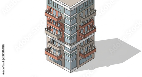 Modern Apartment Building with Balconies and Shadow.