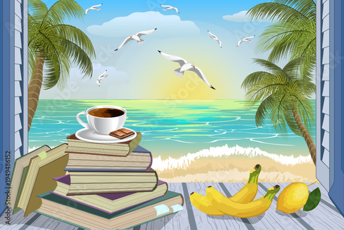 Relaxing by the open window overlooking the sea.A cup of coffee on a stack of books and the seashore in the open window.