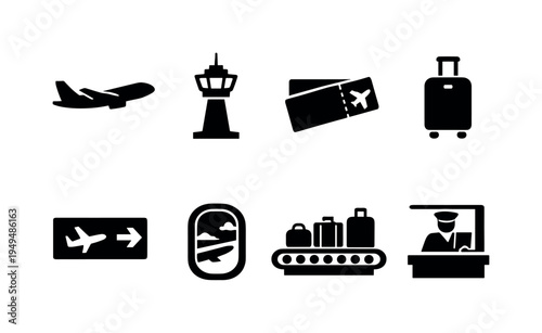 Air travel journey: passenger airplane, airport control tower, boarding pass ticket, luggage suitcase, departure gate sign, airplane window view, baggage conveyor belt, passport
