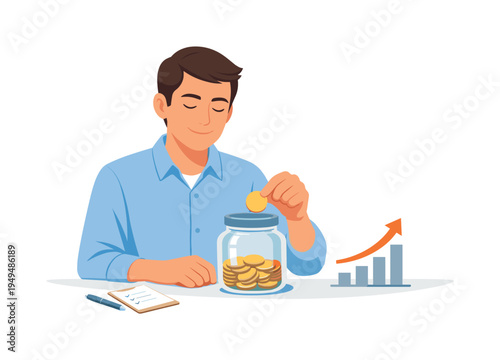 A professional developing stable financial habits through steady saving and responsible budgeting decisions, visual metaphor of a calm person placing a coin into a simple savings