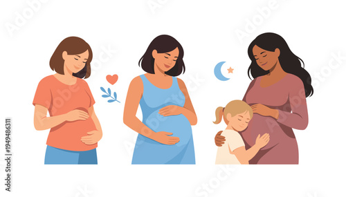 A maternal health and pregnancy journey scene illustrating the natural progression of pregnancy over time, represented with three female figures showing early, middle, and late