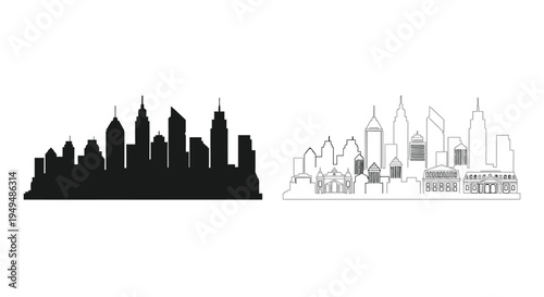 Black and white silhouette renderings of a city skyline with buildings