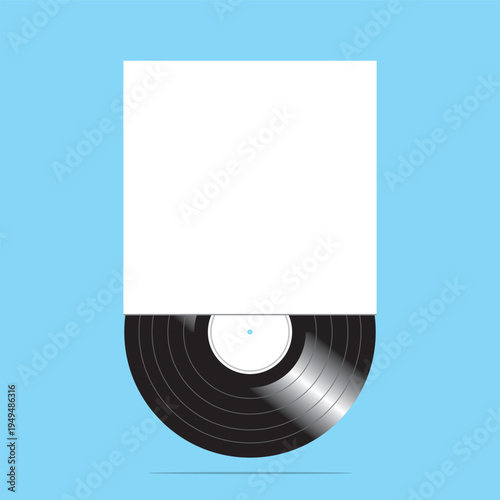 Vinyl record peeking from blank white sleeve mockup on blue background