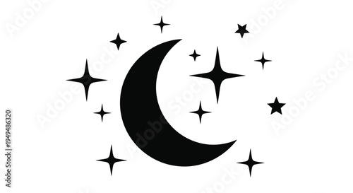 A crescent moon and twinkling stars in a simple black silhouette