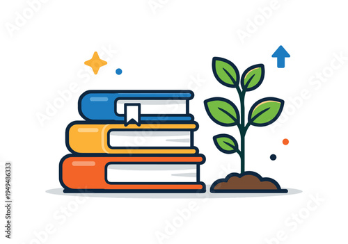 Education and professional development centered on building knowledge and achieving new capabilities, a small plant growing upward beside a stack of books creating a symbolic scene