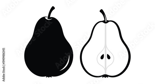 Black and white illustration of a whole pear and a halved pear