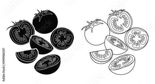 Stylized tomatoes in black and white whole halved and sliced views