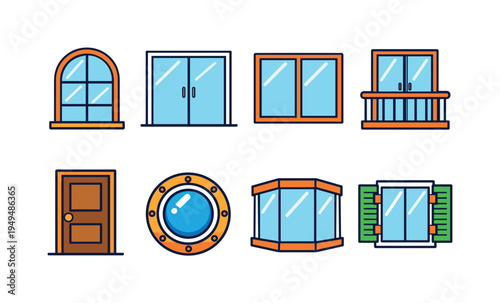 Window door architecture elements: arched window, sliding glass door, double panel window, wooden front door, round porthole window, balcony door, bay window frame, window with