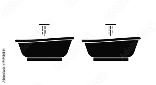 Two black silhouette bath tubs with faucets isolated on a white background