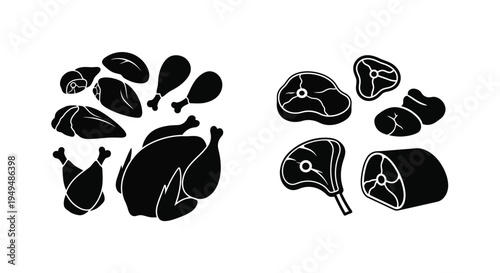Black and white illustration of various cuts of poultry and meat