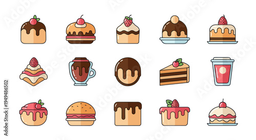 Collection of various desserts including cakes and drinks on white background