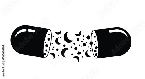 Opened capsule spilling out moons and small circles in black and white