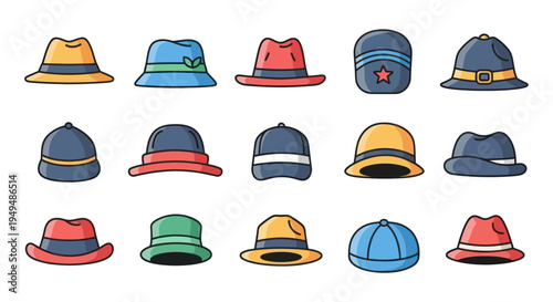 Collection of various colorful hats in cartoon style design on white background