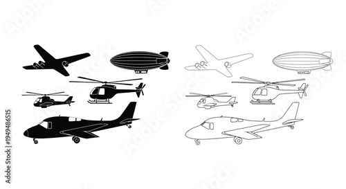 Various aerial vehicles illustrated in black and white line art styles