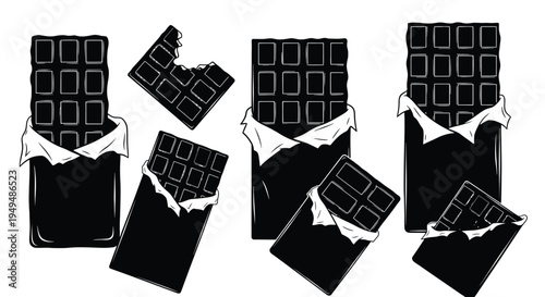 Stylized illustration of dark chocolate bars some broken in white wrappers
