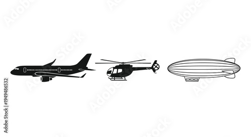 Silhouettes of an airplane helicopter and airship in a linear arrangement