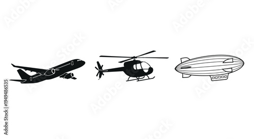 Silhouettes of an airplane helicopter and airship against a white background