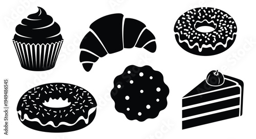 Black and white vector illustration of assorted pastries and sweet treats