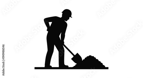 Silhouette of a worker digging with a shovel against a white background
