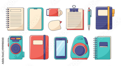 Collection of various office supplies and electronic devices illustrations