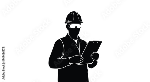Silhouette of a construction worker examining paperwork on a clipboard
