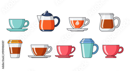 Collection of various teacups and teapots illustration on a white background