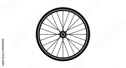 A black and white illustration of a bicycle wheel with thin spokes