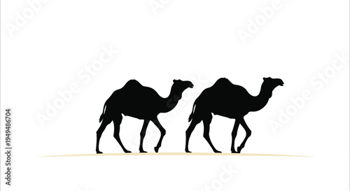 Two black silhouettes of camels walking across a sandy landscape