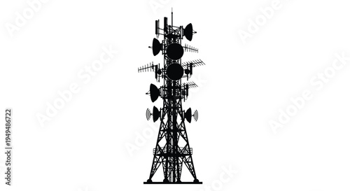 Silhouette of a tall communication tower against a white background
