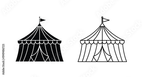 Two black and white illustrations of circus tents with flags