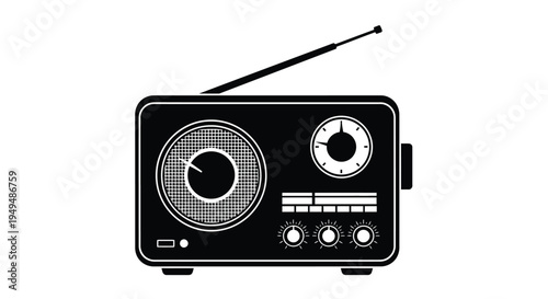 A black and white illustration of a vintage transistor radio