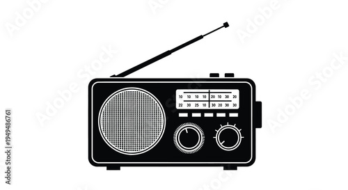 Simple black and white illustration of a vintage portable radio