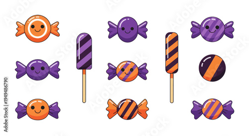 Colorful candies collection cartoon style treats illustration on white background