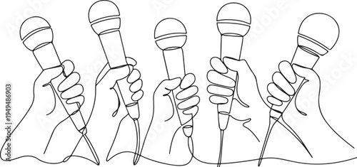 Five Hands Holding Microphones In A Row group