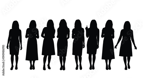 A collection of silhouetted women in various poses facing forward