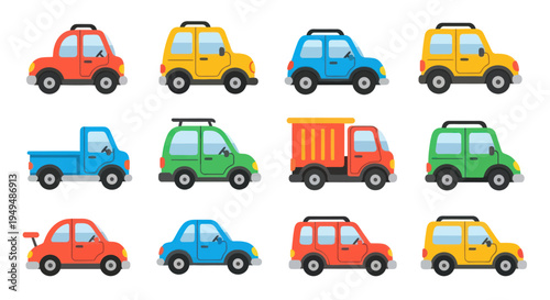 Colorful cartoon cars collection variety of vehicle designs isolated