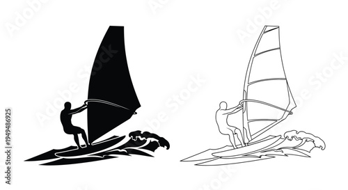 Windsurfing silhouettes a dynamic black and white illustration of water sports