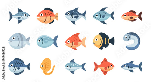 Colorful cartoon fish collection diverse shapes and sizes flat design elements