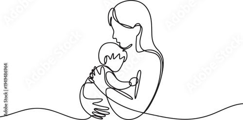 Mother Holding Baby in Continuous Line Drawing embrace