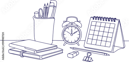 Desk supplies with alarm clock and calendar line art