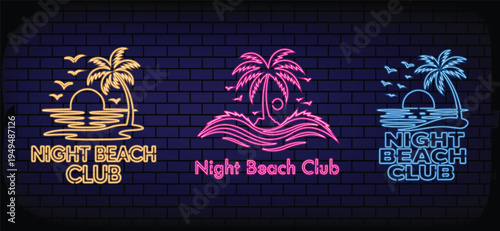 Neon Night Beach Club Sign with Palm Tree and Ocean Waves , Beach nightclub neon sign. Logo in Neon Style, Symbol, Design,