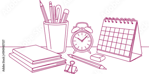 Desk supplies with alarm clock and calendar line art