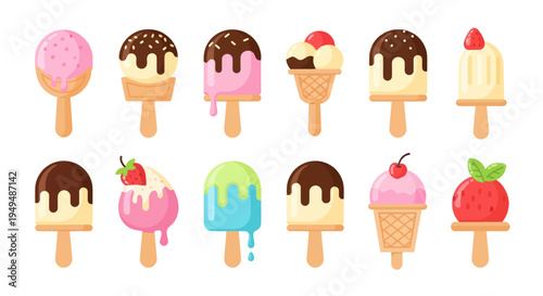 Colorful collection of delicious ice cream treats on wooden sticks