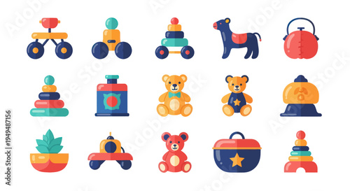 Colorful collection of playful toys isolated on white background for children