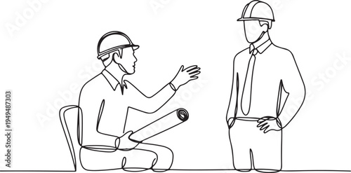 Two construction workers discussing project plans engineering