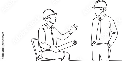 Two architects in hard hats reviewing blueprints engineers